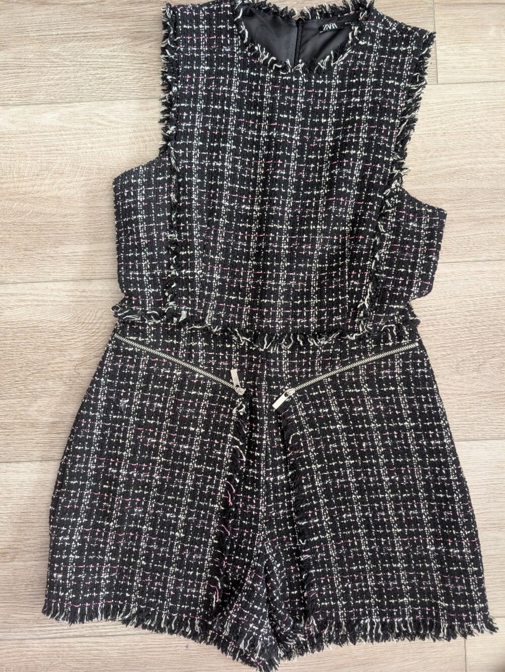 ZARA Black Tweed Sleeveless Romper with Fringe Zip Details